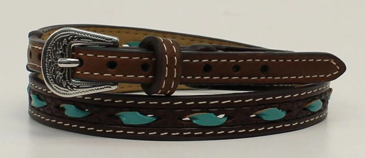 M&F Brown Leather With Turquoise Rawhide Lacing Hatband 1 M&F Brown Leather With Turquoise Rawhide Lacing Hatband
