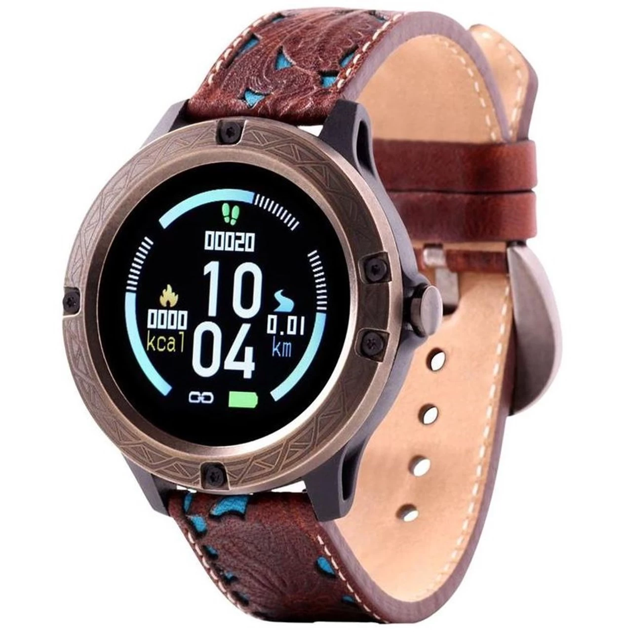 Wrangler Circle Antique Gold Tone Bezel With Brown Floral And Turquoise Leather Strap Smart Watch 1 Wrangler Circle Antique Gold Tone Bezel With Brown Floral And Turquoise Leather Strap Smart Watch