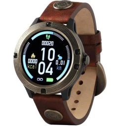 Wrangler Circle Antique Gold Tone Bezel With Brown Rivets Leather Strap Smart Watch