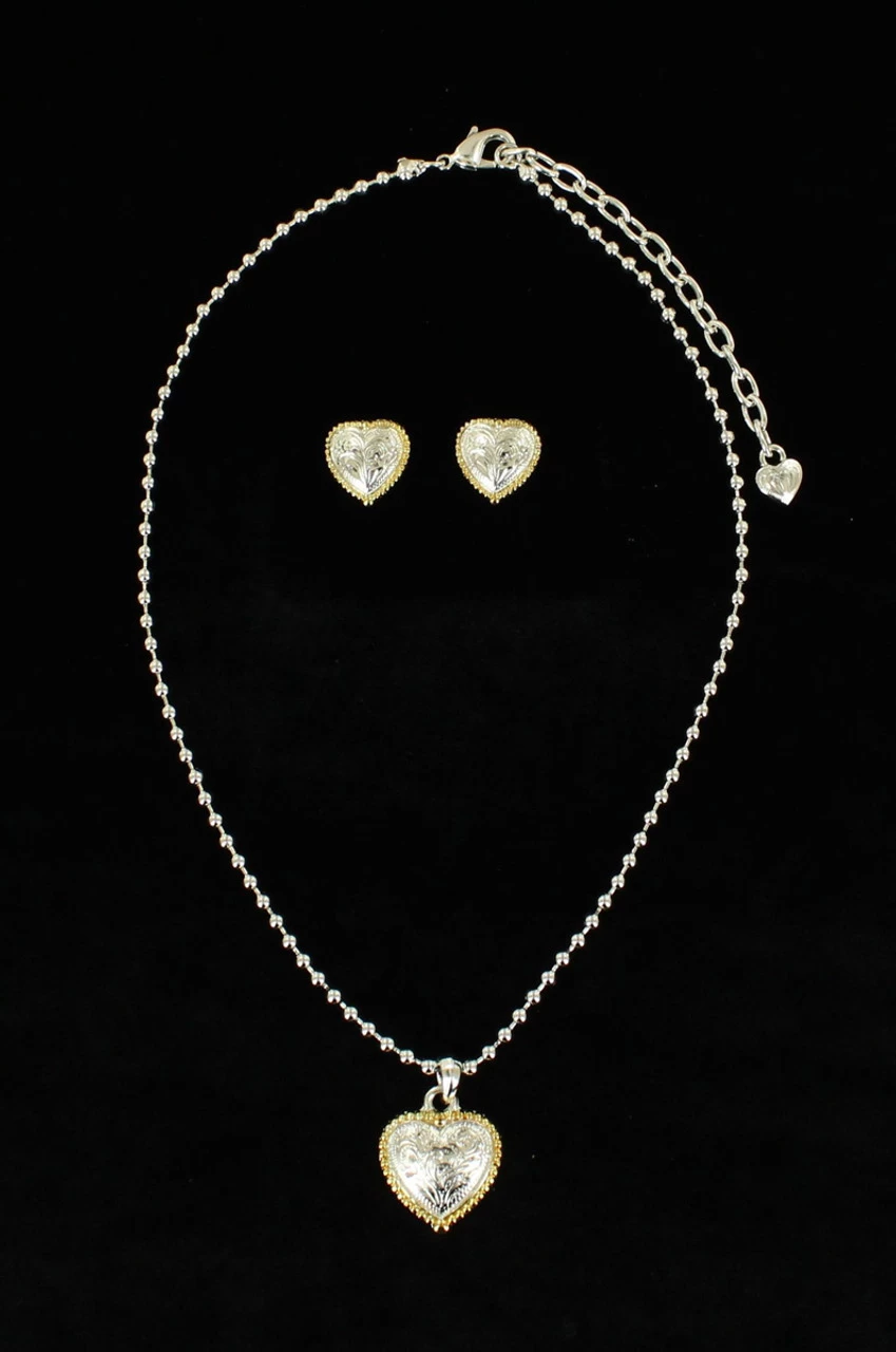 Blazin Roxx Western Shiny Silver Heart With Oulined In Gold Jewelry Set 1 Blazin Roxx Western Shiny Silver Heart With Oulined In Gold Jewelry Set