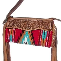 American Darling Red Saddle Blanket Wristlet With Hand Tooled Leather And Fringe Accents - ADBGZ157DAR2