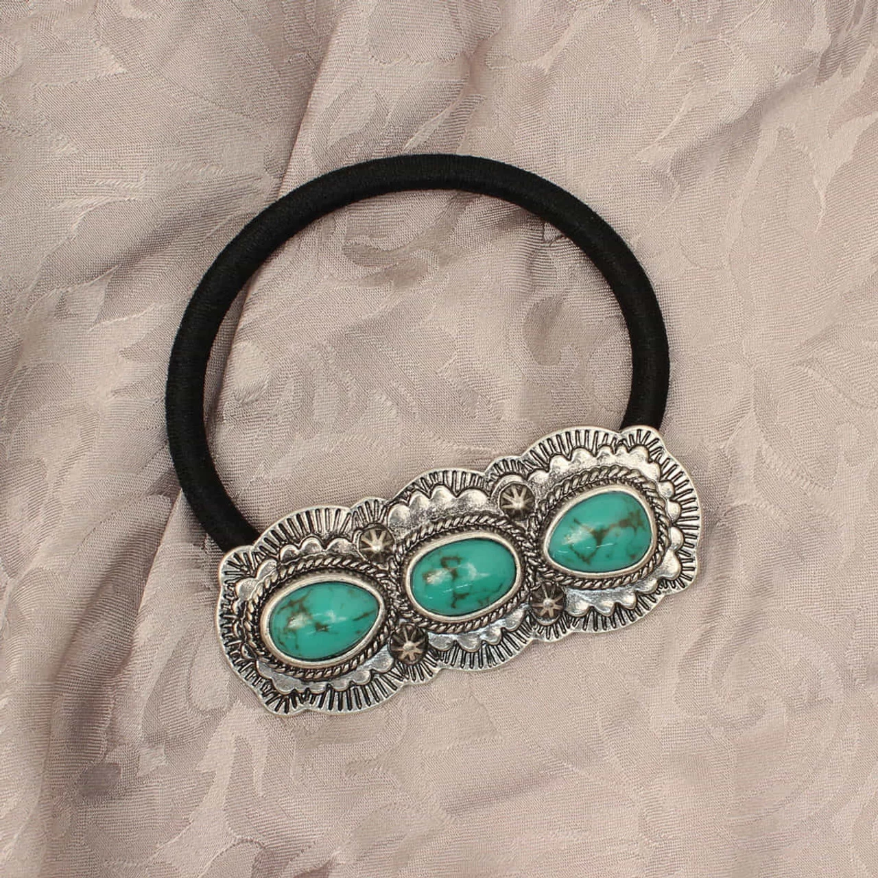 Blazin Roxx Hair Tie W/Rectangle Concho & Triple Turquoise Stones 1 Blazin Roxx Hair Tie W/Rectangle Concho & Triple Turquoise Stones