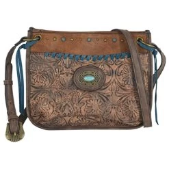Trenditions Justin Crossbody Brown Bag W/Tooled Pattern Accents