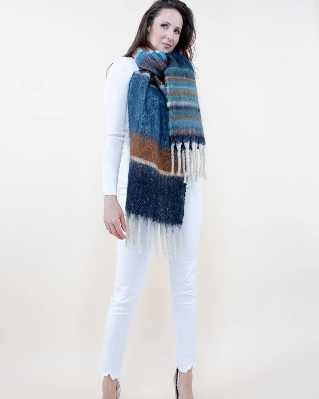 IScarf Ladies Navy Asymmetrical Striped Scarf 1 IScarf Ladies Navy Asymmetrical Striped Scarf