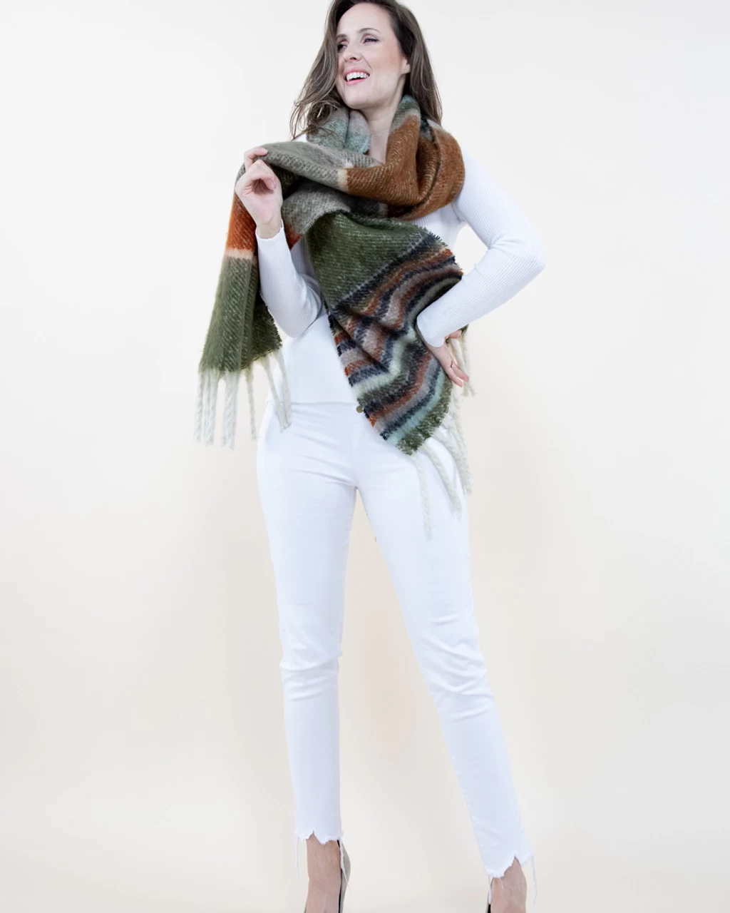 IScarf Ladies Olive Asymmetrical Striped Scarf 1 IScarf Ladies Olive Asymmetrical Striped Scarf