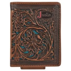 Justin Mens Tooling Bi-Fold Card Wallet With Turquoise Underlay