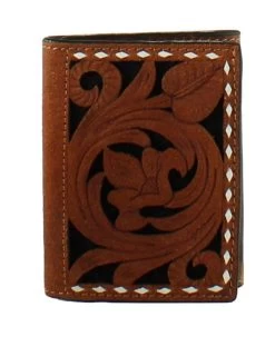 3D Mens Brown Trifold Wallet With Floral Filagree