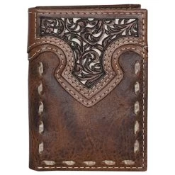 Justin Mens Trifold Wallet W/Tooled Yoke And Buck Stitch