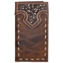 Justin Mens JR Brown Rodeo Wallet W/Tooled Yoke And Rawhide Buck Stitch