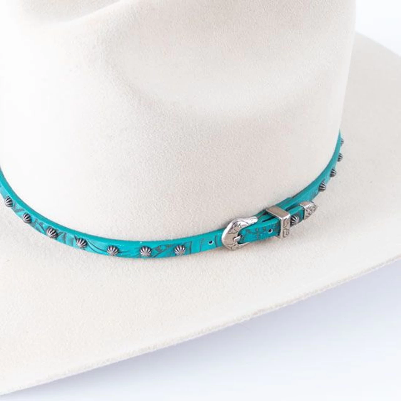 3D Turquoise Floral Embossed Leather With Starburst Conchos Hatband 2 3D Turquoise Floral Embossed Leather With Starburst Conchos Hatband - Image 2