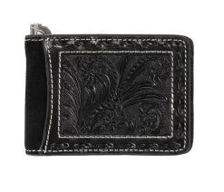 Nocona Men's Black Floral Embossed With Buck Lace Stitching Bifold Money Clip Wallet