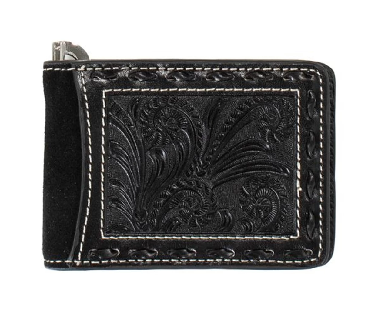 Nocona Men's Black Floral Embossed With Buck Lace Stitching Bifold Money Clip Wallet 1 Nocona Men's Black Floral Embossed With Buck Lace Stitching Bifold Money Clip Wallet