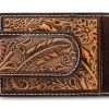 Ariat Floral Embossing Feather Design Men's Brown Money Clip Wallet