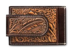 Ariat Floral Embossing Feather Design Men's Brown Money Clip Wallet