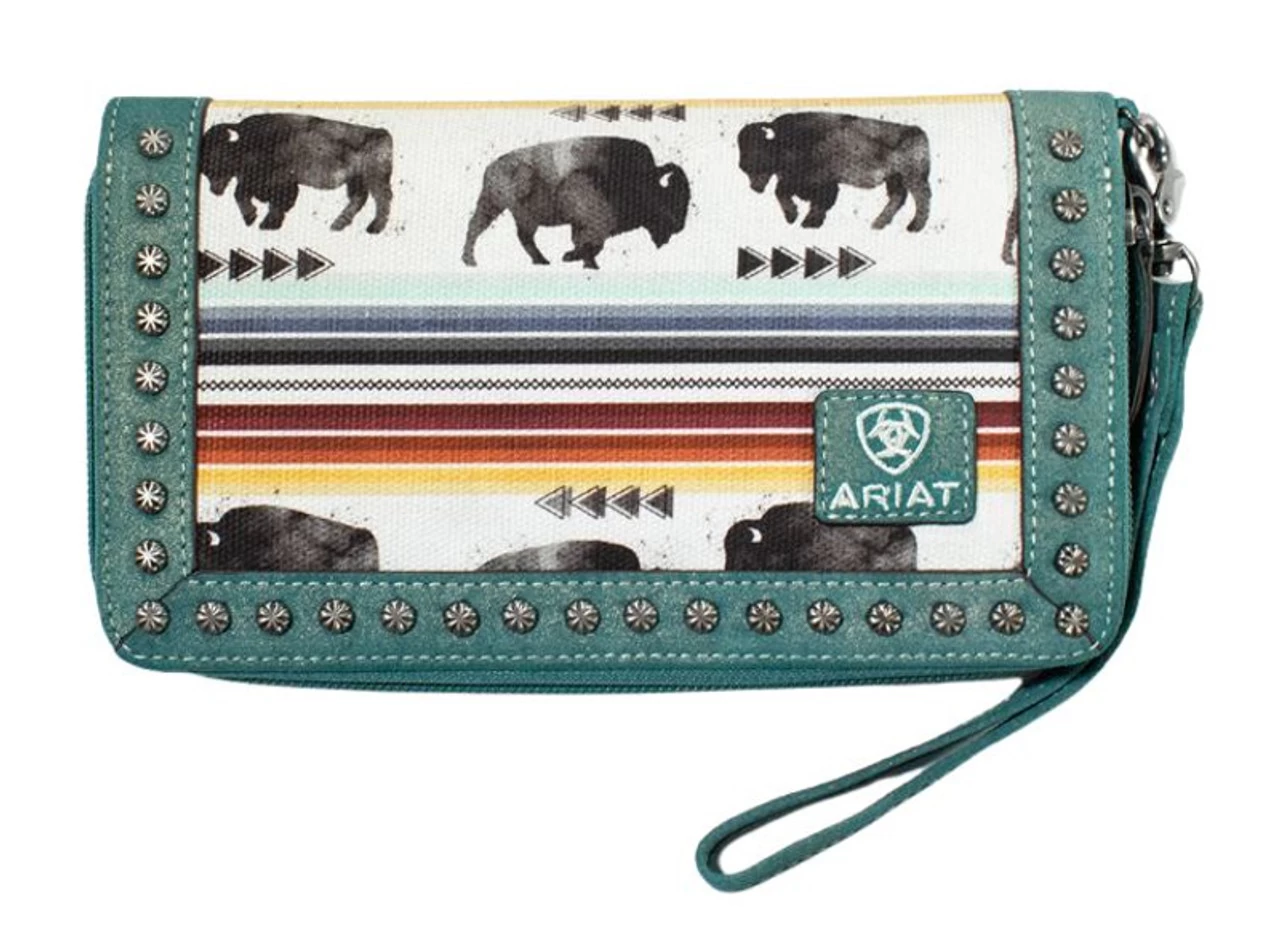 Ariat Women's Buffalo And Multi Colored Stripes Clutch With Turquoise Leather Trim And Wristlet 1 Ariat Women's Buffalo And Multi Colored Stripes Clutch With Turquoise Leather Trim And Wristlet