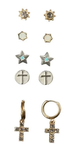 Blazin Roxx Ladies Silver With Cross Earrings - Set Of 5
