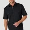 Wrangler Mens Black Sport Short Sleeve Solid Western Snap Shirt