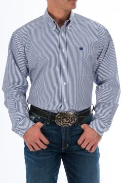 Cinch Mens Royal Blue Stripe Long Sleeve Western Shirt