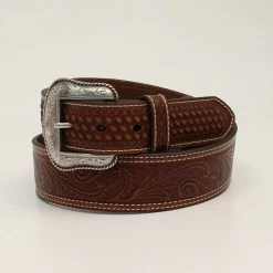 Nocona Mens Genuine Brown Leather With Basket Stamped Belt