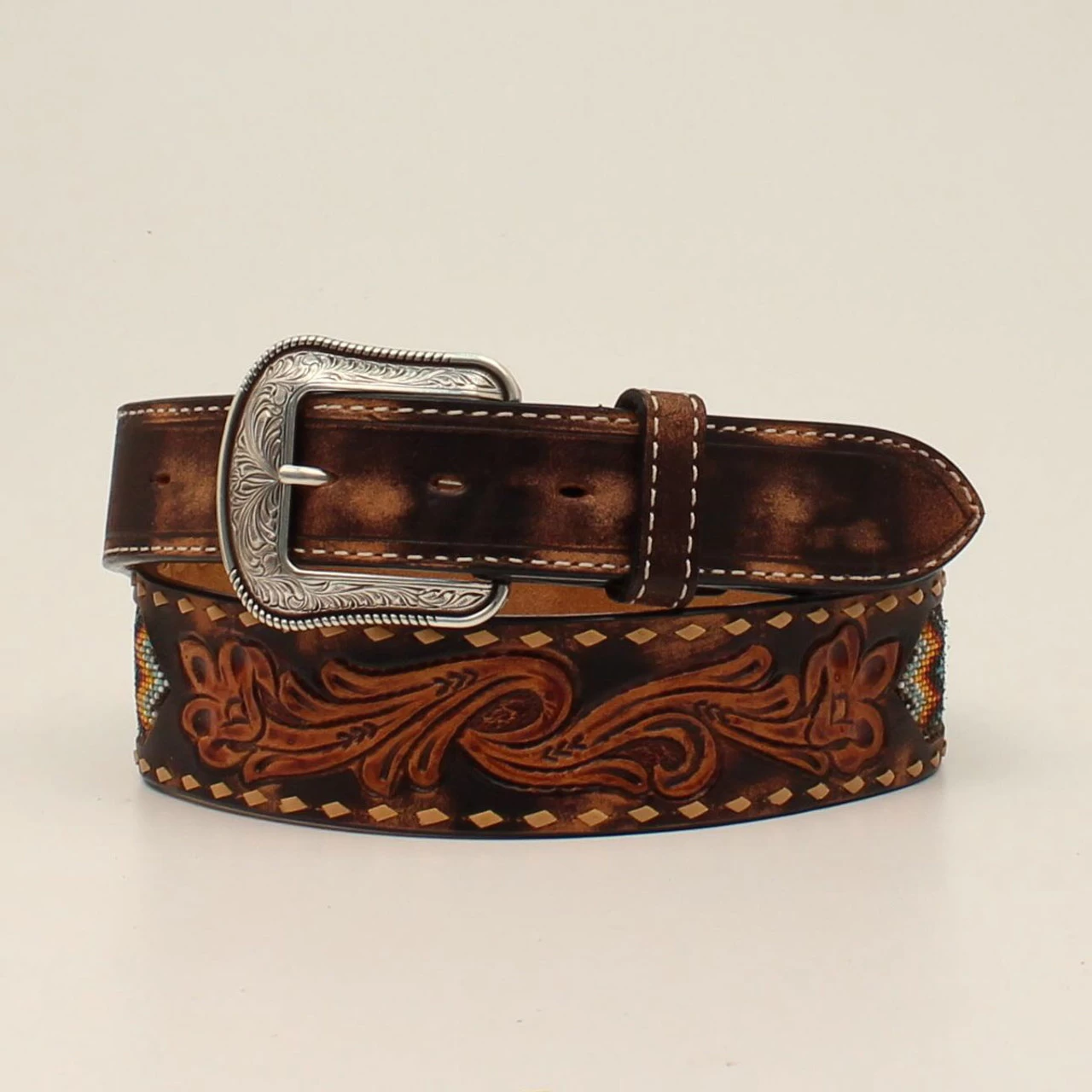 M&F Mens Genuine Leather Belt W/Floral Overlay 1 M&F Mens Genuine Leather Belt W/Floral Overlay