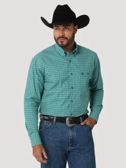 Wrangler Mens Green Small Plaid George Strait One Pocket Long Sleeve Western Shirt