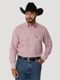 Wrangler Mens Red Geo Print George Strait One Pocket Long Sleeve Western Shirt