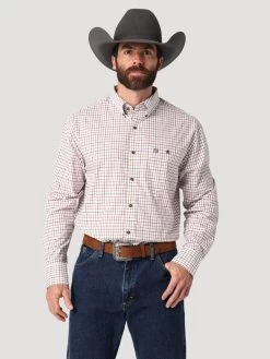 Wrangler Mens Brown & White Check George Strait One Pocket Button Down Long Sleeve Western Shirt