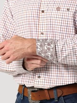 Wrangler Mens Brown & White Check George Strait One Pocket Button Down Long Sleeve Western Shirt -Comprehensive Shop P2567680 4 89413.1664819205
