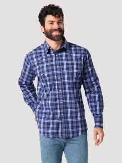 Wrangler Mens Blue Plaid Wrinkle Resist Relaxed Fit Long Sleeve Shirt
