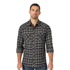 Wrangler Retro Mens Black Plaid Long Sleeve Flannel Shirt