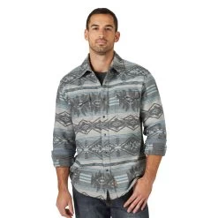Wrangler Mens Grey Aztec Retro Premium Modern Fit Long Sleeve Western Shirt