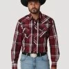 Wrangler Mens Wine Plaid Modern Fashion Snap Long Sleeve Western Shirt