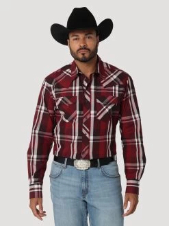Wrangler Mens Wine Plaid Modern Fashion Snap Long Sleeve Western Shirt