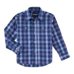 Wrangler Boys Royal Blue Plaid Snap Button Long Sleeve Western Shirt