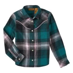 Wrangler Girls Black & Teal Plaid Western Snap Long Sleeve Flannel