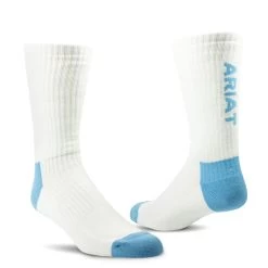 Ariat Men's Premium Ringspun Cotton Crew Work Sock - White/Carolina Blue 3 Pack