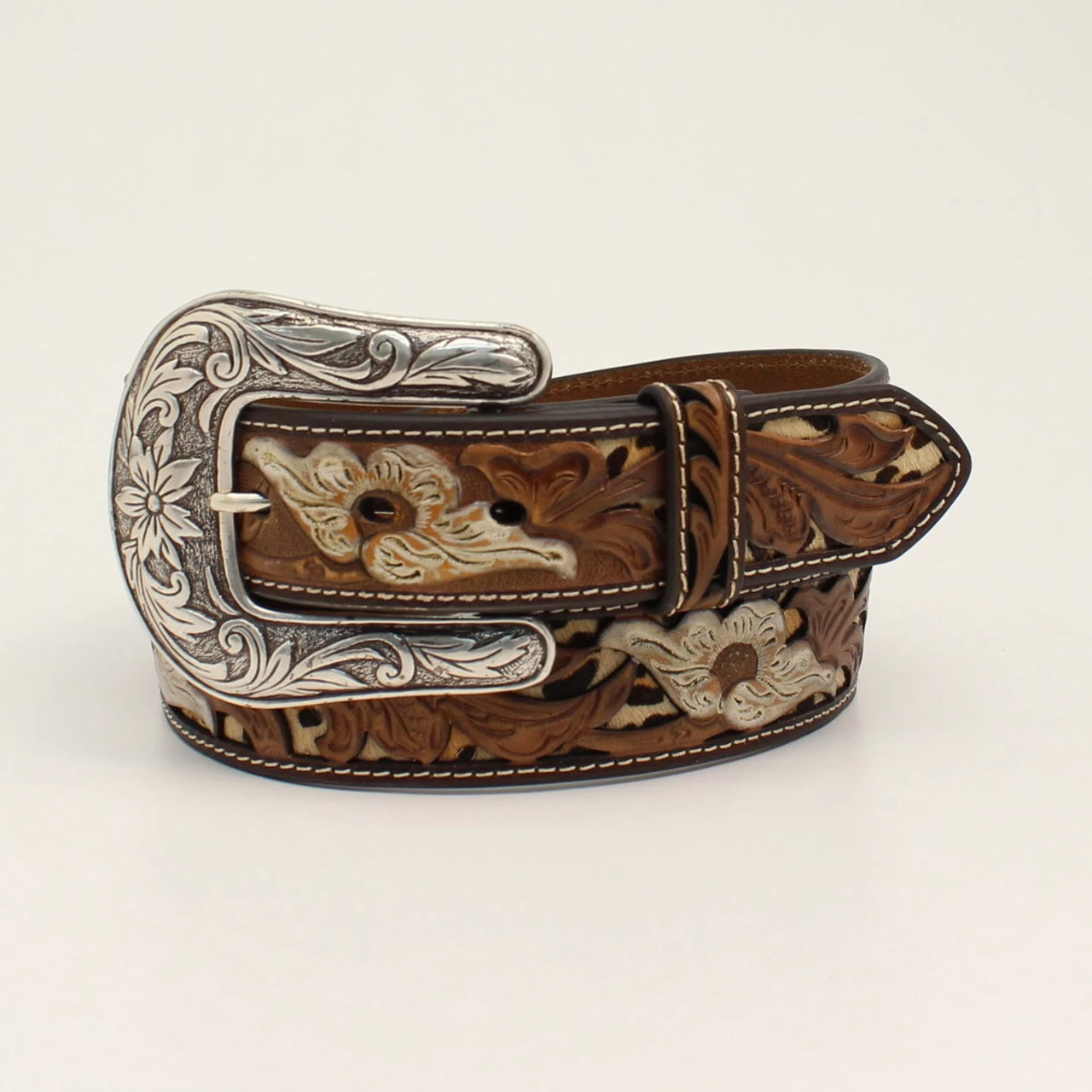Nocona Womens Cutout Flower With Leopard Underlay Leather Belt 1 Nocona Womens Cutout Flower With Leopard Underlay Leather Belt