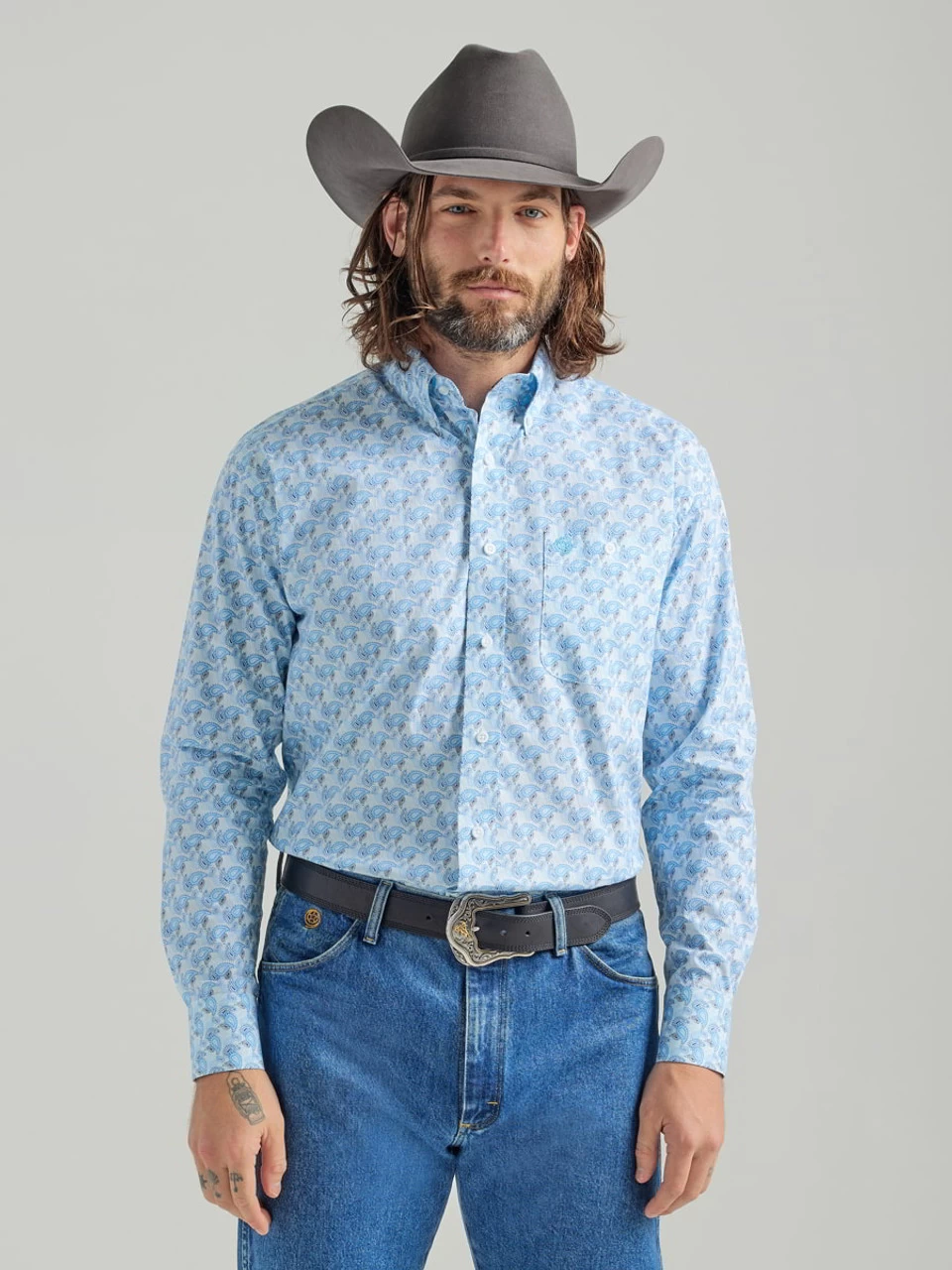 Wrangler George Strait Blue & White Paisley One Pocket Long Sleeve Shirt 1 Wrangler George Strait Blue & White Paisley One Pocket Long Sleeve Shirt
