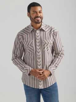 Wrangler Mens Copper Vertical Stripe Print Classic Fit Silver Edition Long Sleeve Snap Shirt