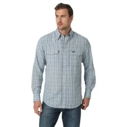 Wrangler Mens Performance Snap Long Sleeve Plaid Shirt In Teal Plaid