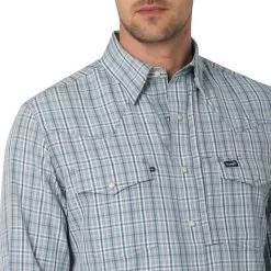 Wrangler Mens Performance Snap Long Sleeve Plaid Shirt In Teal Plaid -Comprehensive Shop P2616235 5 57727.1675202942