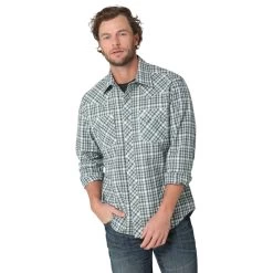 Wrangler Retro Mens Green & White Plaid Modern Fit Short Sleeve Shirt