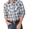 Wrangler Retro Mens Brown And Light Blue Plaid Modern Fit Long Sleeve Shirt