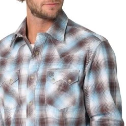 Wrangler Retro Mens Brown And Light Blue Plaid Modern Fit Long Sleeve Shirt -Comprehensive Shop P2616385 3 03491.1673897881