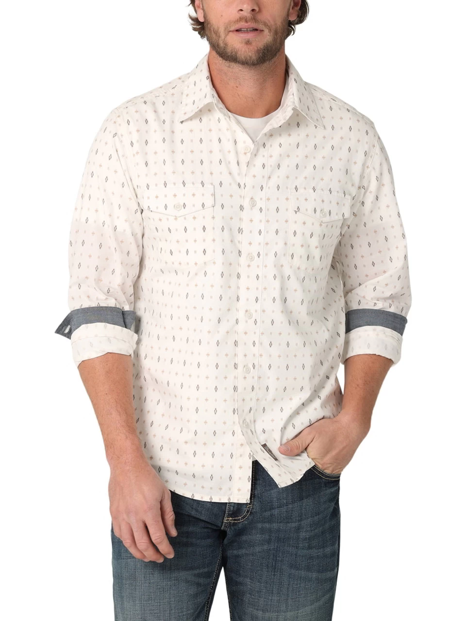 Wrangler Retro Premium Mens White Aztec Print Modern Fit Long Sleeve Shirt 1 Wrangler Retro Premium Mens White Aztec Print Modern Fit Long Sleeve Shirt