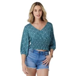 Wrangler Womens Bursts Smocked Crop Blouse In Dark Teal