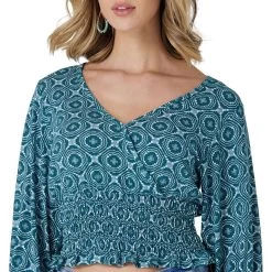 Wrangler Womens Bursts Smocked Crop Blouse In Dark Teal -Comprehensive Shop P2625115 3 30677.1675202991