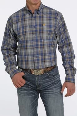 Cinch Mens Royal Blue And Gold Plaid Long Sleeve Western Shirt