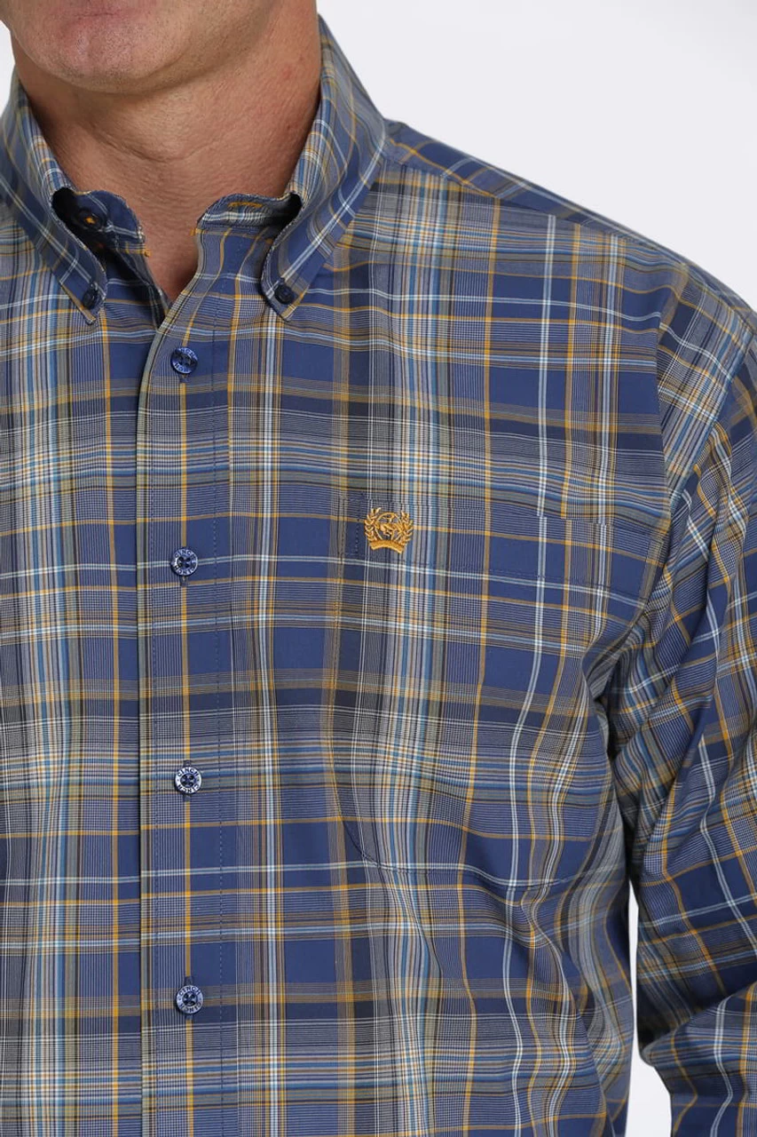 Cinch Mens Royal Blue And Gold Plaid Long Sleeve Western Shirt 2 Cinch Mens Royal Blue And Gold Plaid Long Sleeve Western Shirt - Image 2