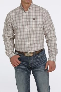 Cinch Mens Cream And Brown Plaid Long Sleeve Western Shirt